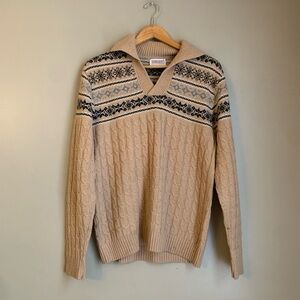 VTG Lord Jeff Fair Isle Scandinavian Collared Cable Knit Sweater Retro Tan Large